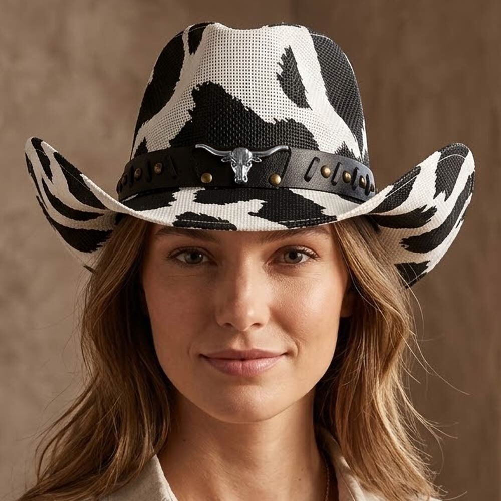 Cowhide Pattern Black & White Camouflage Print Woven Western Cowboy Hat